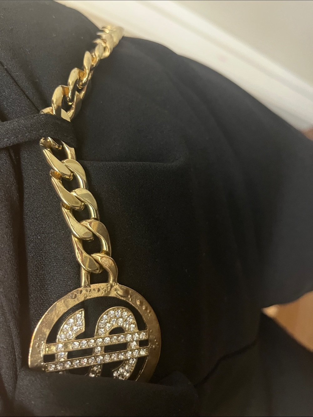 Gold Chain Pendant Belt with Rhinestone Logo